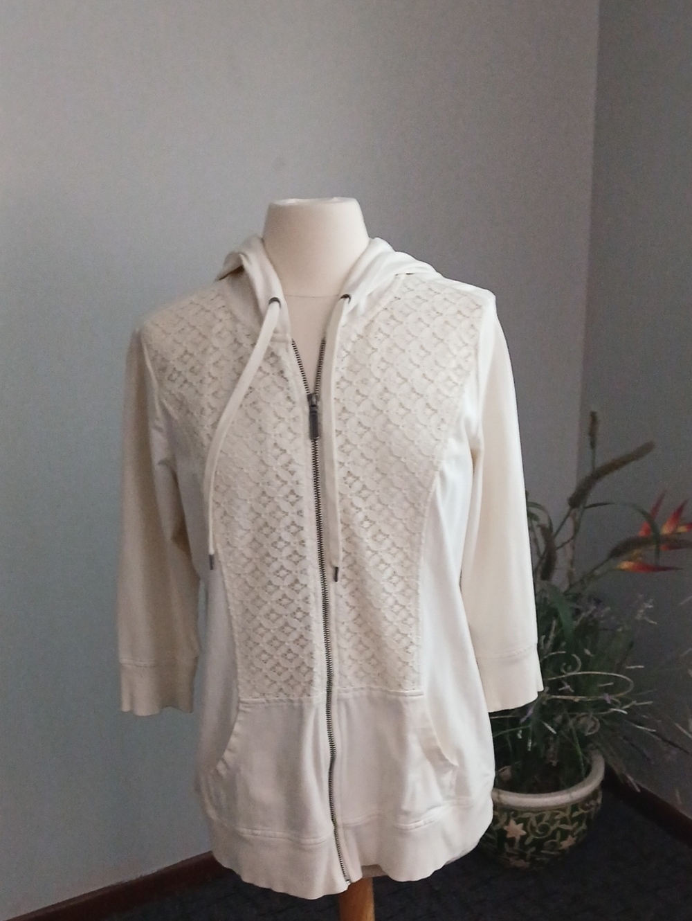 Christopher & Banks Cream Lace-Front Zip Hoodie